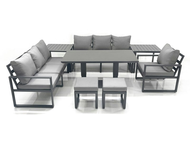Fimous Outdoor Garden Furniture Set Aluminium Lounge Sofa Adjustable Rising Lifting Dining Table Sets with 2 Small Footstools 2 Side Tables Dark Grey