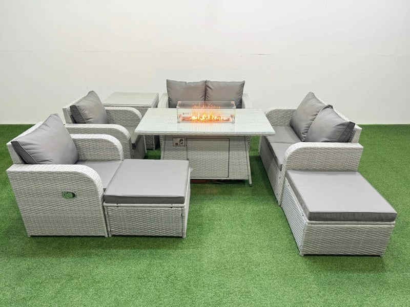 Fimous 8 Seater Outdoor Reclining Chair Love Sofa Set Rattan Garden Furniture Set with Fire Pit Dining Table 2 Big FootStools Side Table Light Grey
