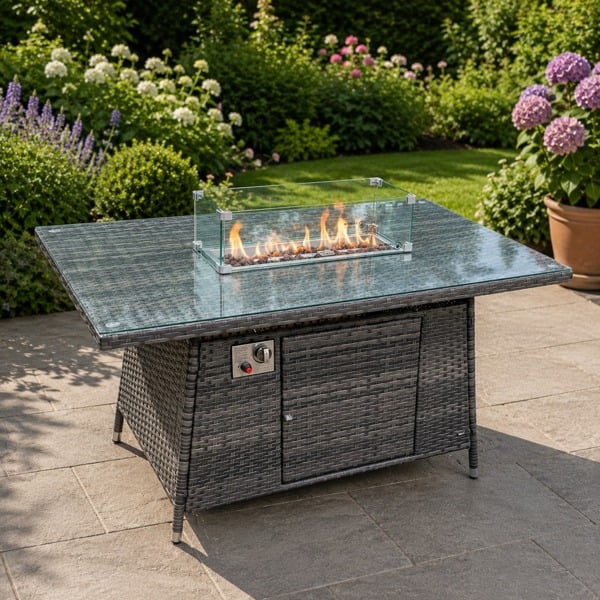 Fimous Dark Grey Rattan Fire Pit Table Dining Table Gas Heater Garden Furniture Accessory Patio With Clear Tempered Glass