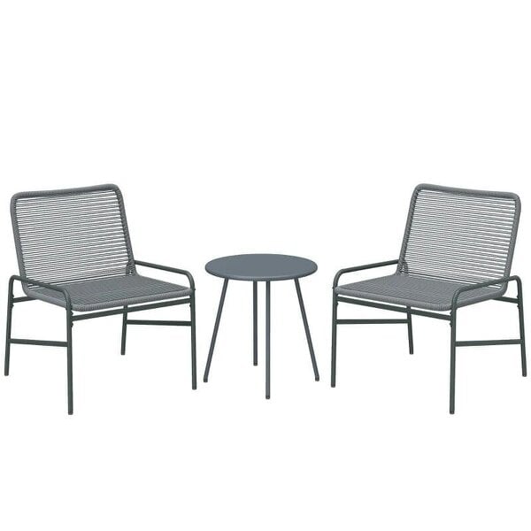 3 Piece Rattan Bistro Set, Outdoor Garden Furniture Set with 2 Chairs, Round Coffee Table for Patio, Balcony, Dark Grey