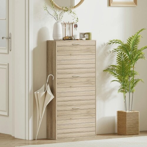 Wyld Haus Covara Wooden Brown Wood Effect 12 Pair Shoe Cabinet With Flip Drawers