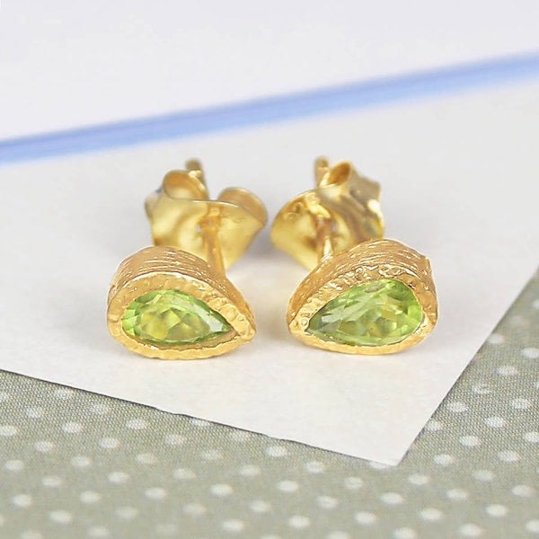 Peridot Teardrop Gold Plated Sterling Silver August Birthstone Stud Earrings