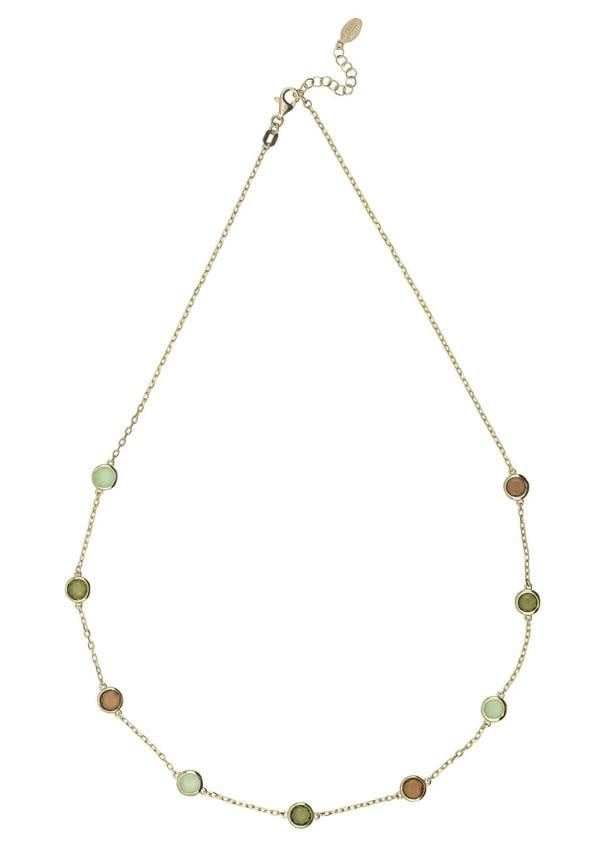 Multiple green gemstone gold necklace.