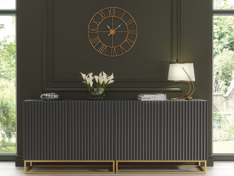 Mex Furniture Sophisticated Grey Sideboard with Fluted Fronts & Gold Legs – 200cm Storage Unit