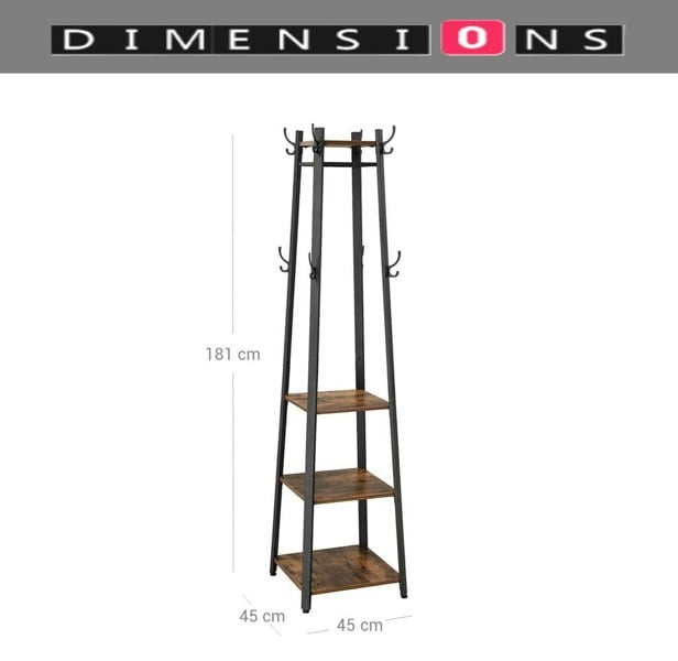 Modcraft Industrial Coat Rack with Hooks and 3-Tier Storage Shelves – Black & Rustic Brown