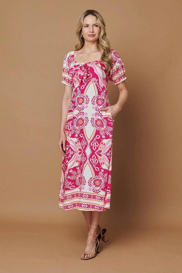 Pink | Printed A-Line Puff Sleeve Midi Dress