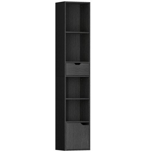 Wyld Haus Nota Wooden Black Tall Narrow 6 Tier Bookcase With Drawer And Door