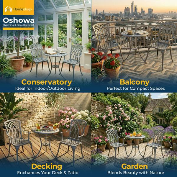 Homeology OSHOWA Grey Aluminium Weatherproof Outdoor Table and 2 Comfortable Chairs with Armrests Bistro Set