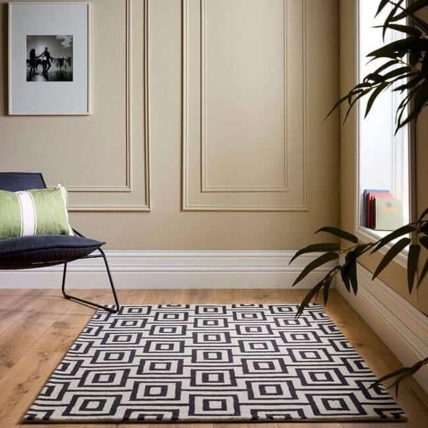 The Rugs Geometric Design Labyrinth Wool Rug - Black & Ivory