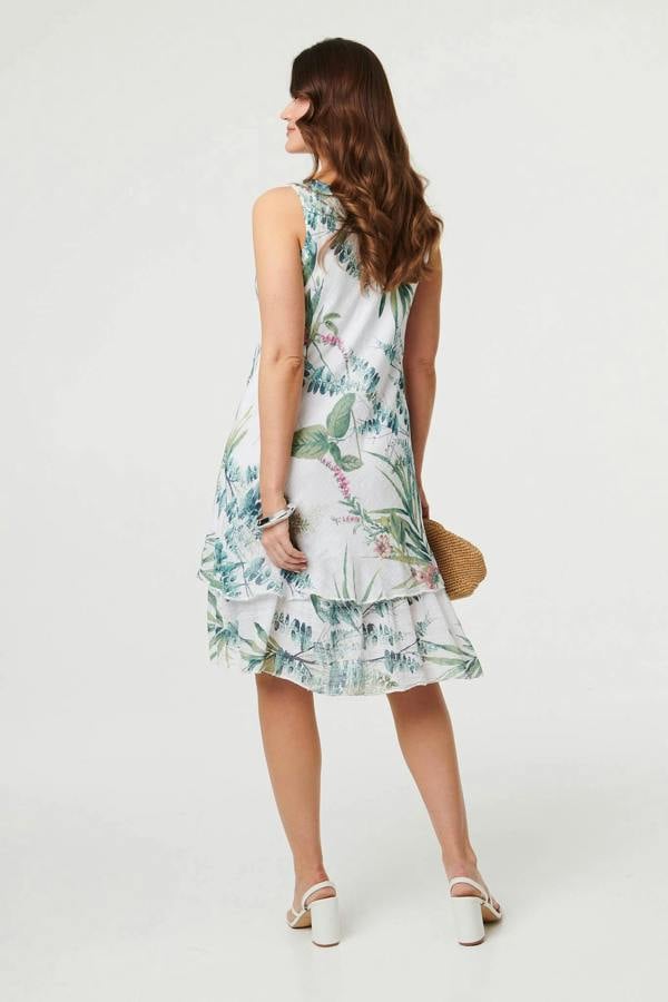 Cream | Leaf Print Sleeveless Knee Length Dress