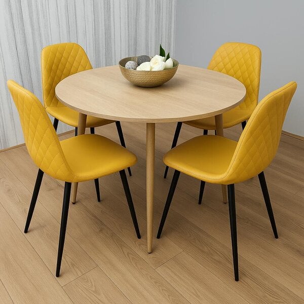 Kosy Koala Modern Round Dining Table Set With 4 Mustard Faux Leather Chairs Dining Room Furniture