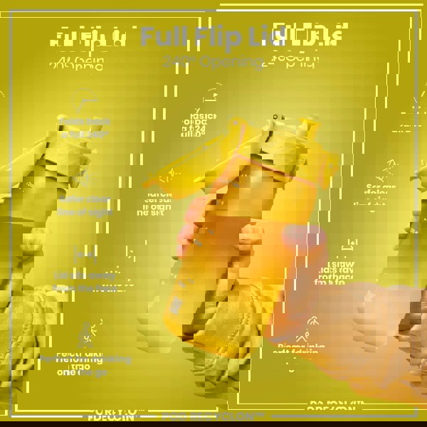 A yellow water bottle with a full flip lid is held in a person's hand against a yellow background. The lid folds back 240°. The bottle is marked with measurements in milliliters and ounces. POD RECYCLON™ is printed at the bottom.