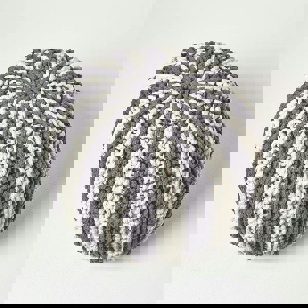 HOMESCAPES Off White and Grey Knitted Pouffe Striped Footstool