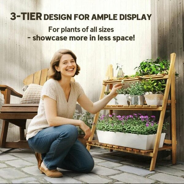 Bobobiy Wooden Folding Flower Pot Stand 3 Tier Garden Planter Display Ladder Gardener Storage Shelves Rack Herb Holder (80L x 37W x 93H cm)