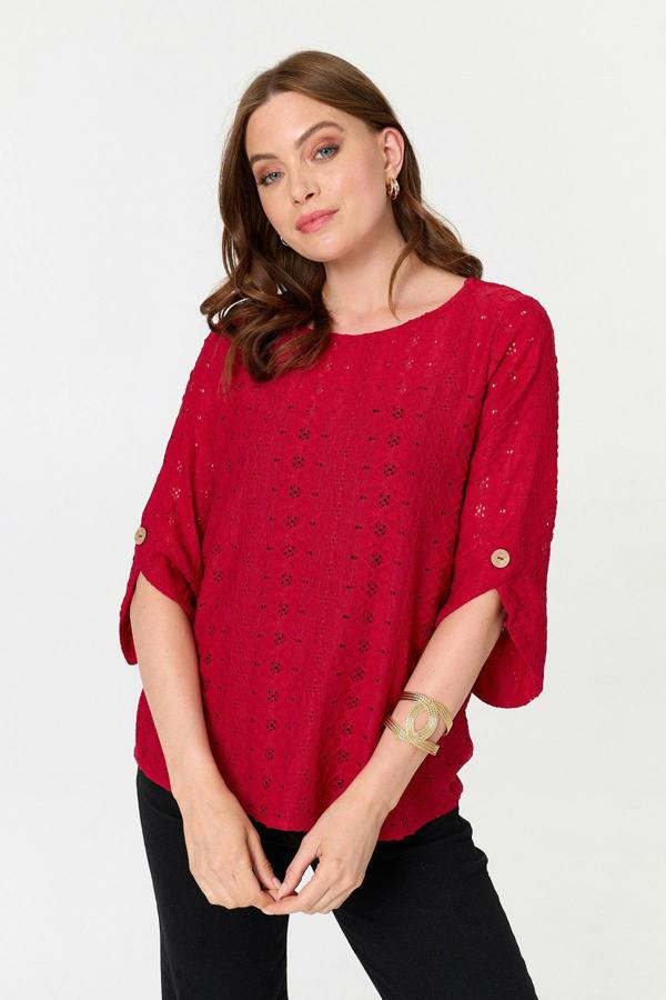 Red | Embroidered Textured 3/4 Sleeve Blouse