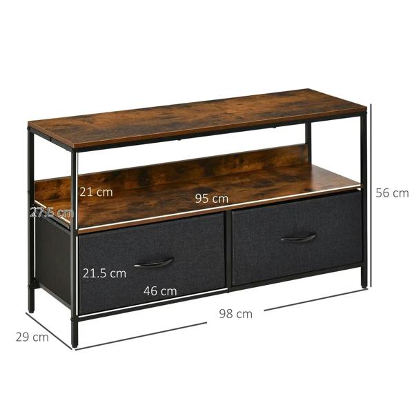 TV stand cabinet with rustic brown top and two dark gray drawers, size shown