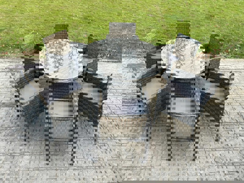 Fimous Wicker PE Outdoor Rattan Garden Furniture Arm Chair And Table Dining Sets 6 Seater Large Round Table Dark Grey Mixed