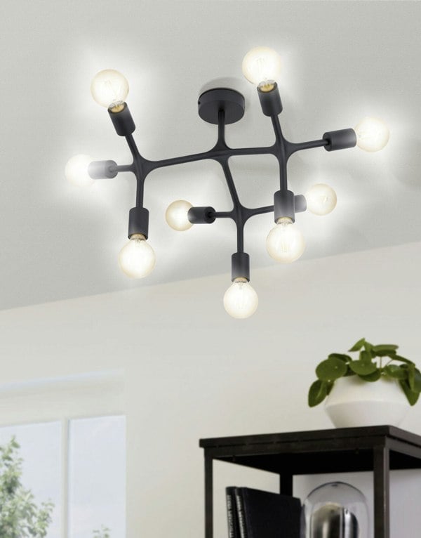Flush 9 Bulb Ceiling Light Colour Black Arms & Lamp Holders Bulb E27 9x60W Loops