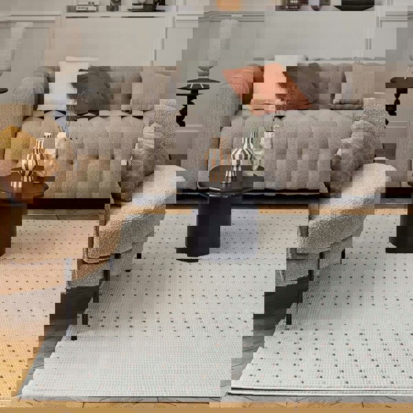 Living Room rug, dots, practicality in mind, the rug is anti-allergic.