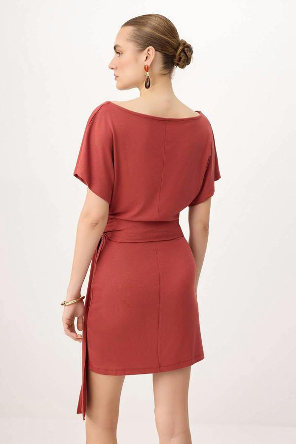 WOVCOR Bodycon Asymmetric Neck Tie Detail Short Sleeve Mini Dress