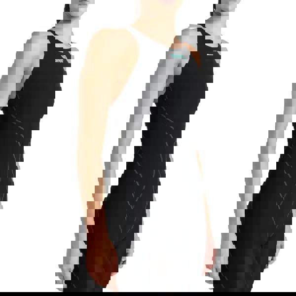 Black Arena Powerskin Impulso Open Back one-piece swimsuit with silver accents