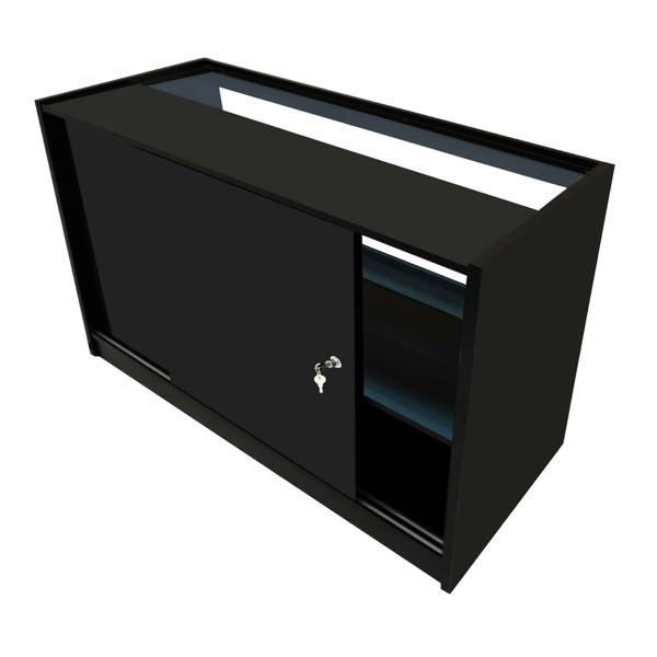 Sleek black LED retail shop counter C1500 with sliding door, glass shelves, and modern design for stylish display and storage