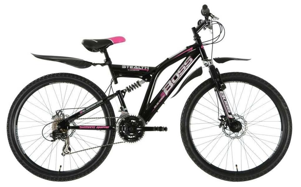 Boss Stealth Ladies Full Suspension Mountain Bike, 26" Wheel, 18.5" Frame - Black/Silver/Pink