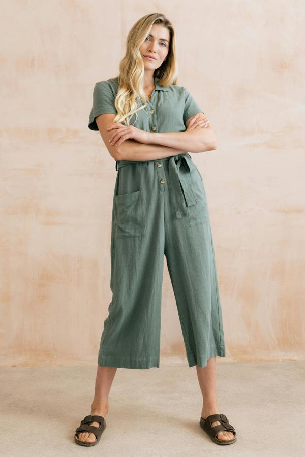 Lily & Me Josie Linen Blend Cropped Jumpsuit Laurel Green