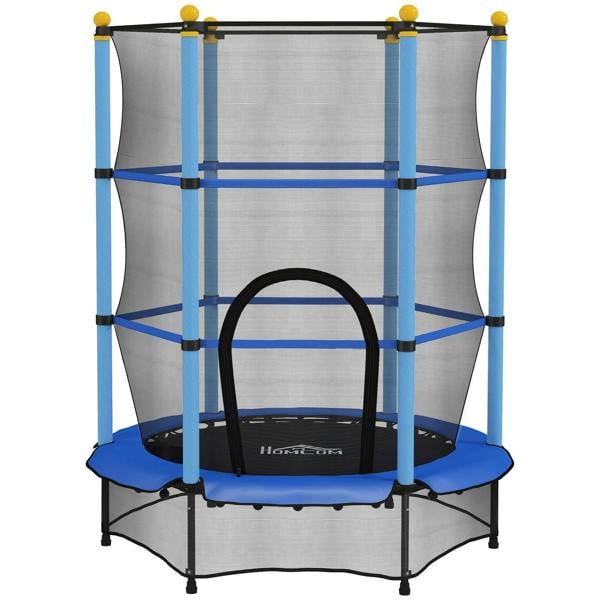 Blue kids trampoline with enclosure net, round frame and black safety padding