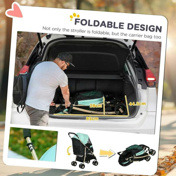 Green pet stroller folding in a car trunk, with black rain cover storage bag