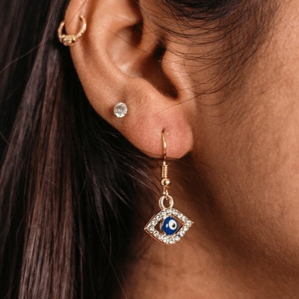 The Colourful Aura Silver Gold Protection Evil Eye Zircon Charm Hamsa Dangle Drop Hook Earrings - Gold - Gold