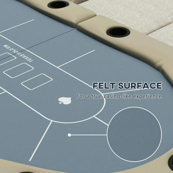 Blue poker felt surface with white markings and beige cushioned edge, cup holder holes