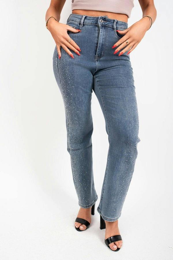 Elyndra High Waisted Sparkle Straight Leg Jeans - Grey