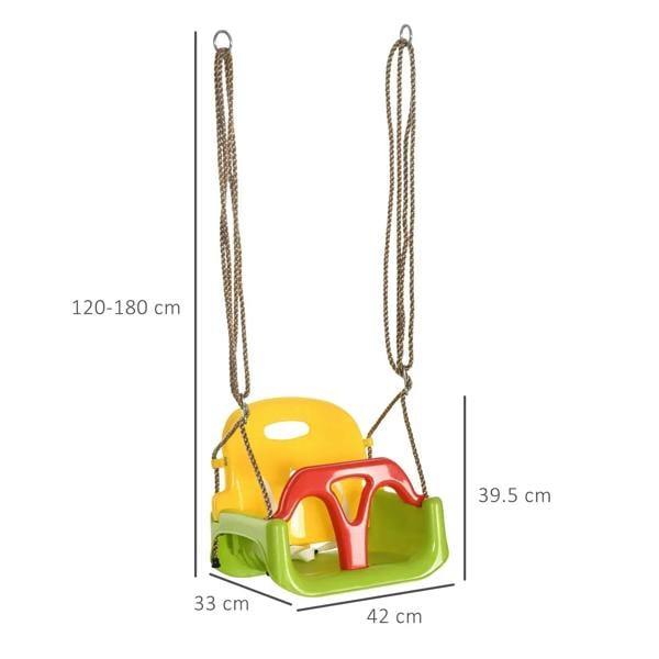 Green, yellow, and red kids swing seat with two suspension ropes and open base