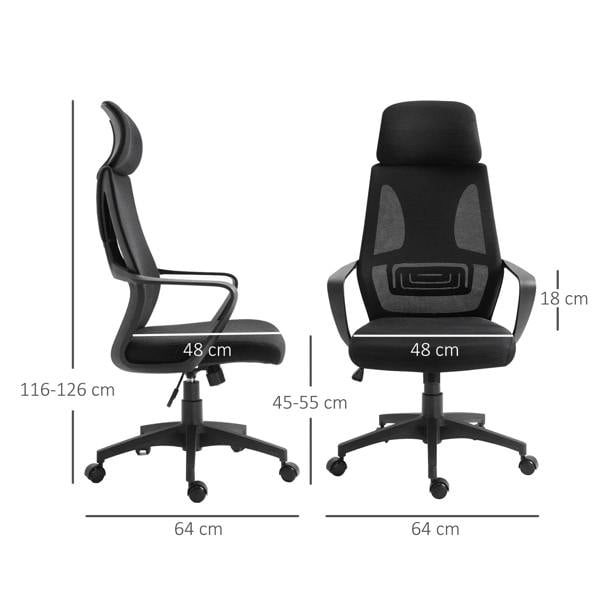 Black high-back office chair with headrest and adjustable height base, labeled diagram