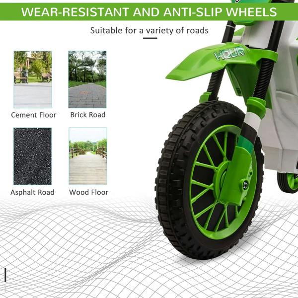 Green and white kids electric ride-on motorcycle front wheel with textured anti-slip tire