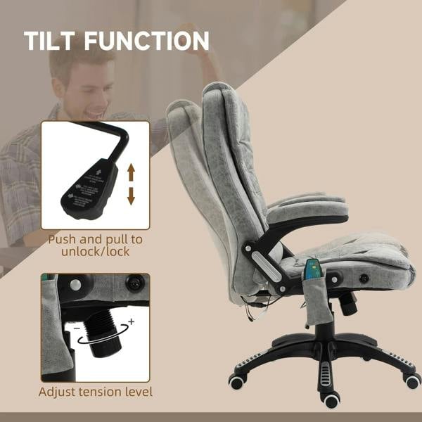 Grey massage recliner chair showing tilt function lever and recline footrest