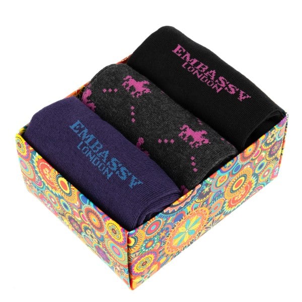 Embassy London Socktopus - Pink Horse - Men's 3 pack cotton crew socks size UK 6 to 12 in brand mix