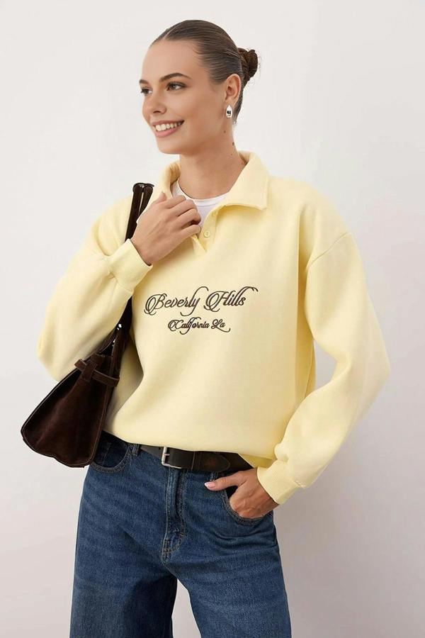 WOVCOR Shirt Collar Slogan Embroidered Polar Fleece Knit Sweatshirt