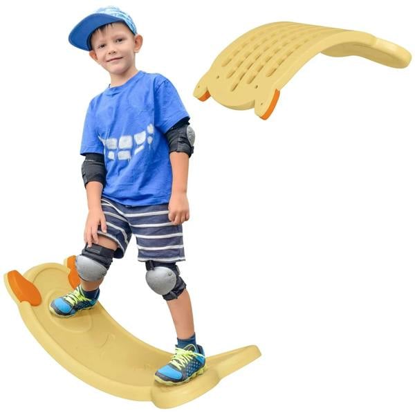 Yellow curved balance board for kids with raised grip handles
