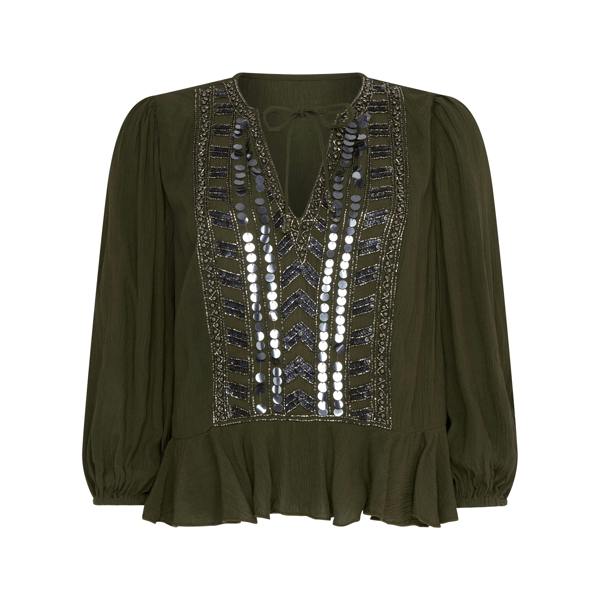 Rose & Nancy Hailey Khaki Frill Mirror Embellished Blouse