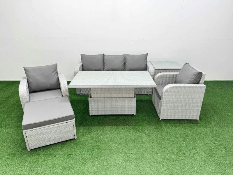 Fimous Light Grey PE Rattan Outdoor Lounge Set - Reclining Chair, Adjustable Lifting Dining/Coffee Table, Side Table & Big Footstool