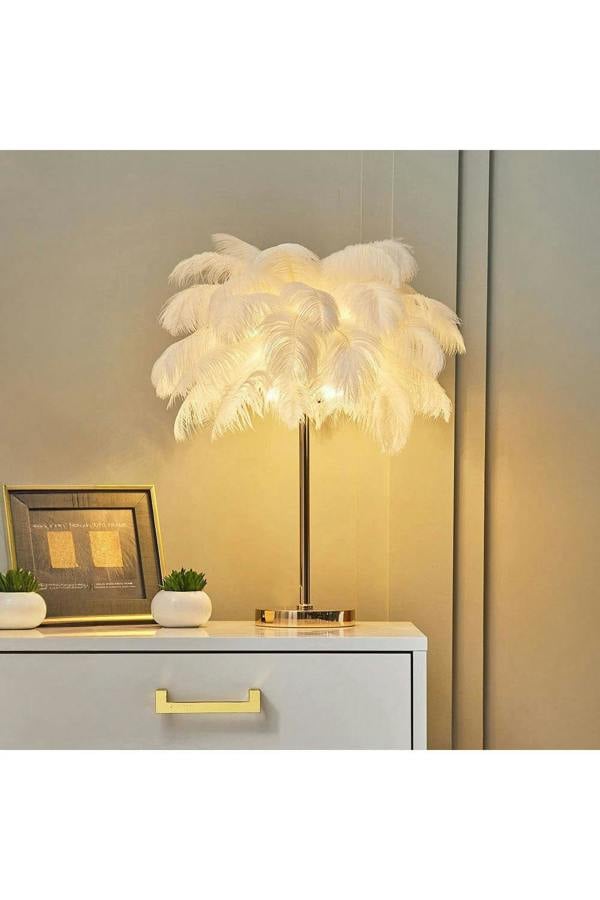 G4 Modern White Feather Lampshade Table Lamp Fixtures Decor - Warm Light