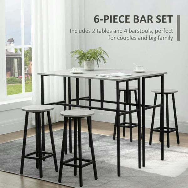 6-piece grey bar set with two rectangular tables and four round stools for seating
