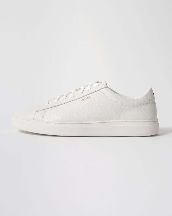 side studio shot of BOSS Orange Kieran Mens Grained-leather trainers with rubber sole in White 100