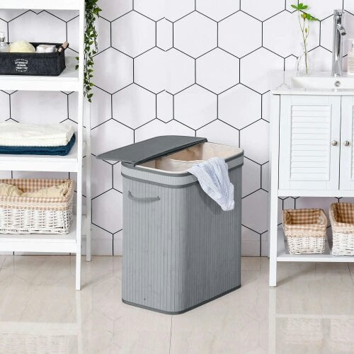 Bobobiy 100L Natural Wood Laundry Basket A Compartment with Flip Lid Removable Lining Handles Board Base Foldable Durable Water-Resistant Dirty Grey