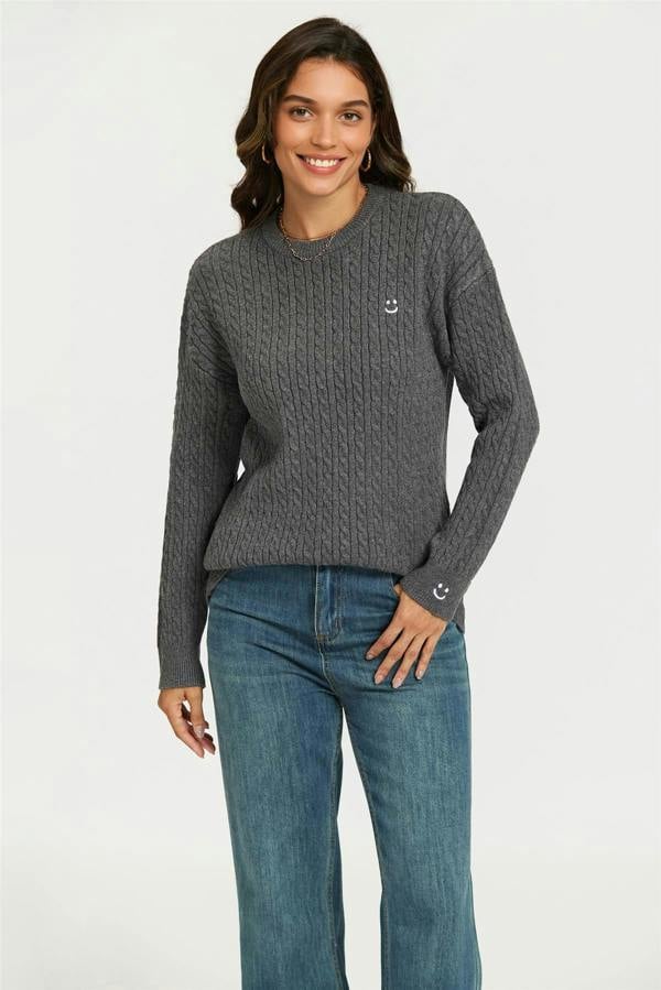 FS Collection Smiley Face Embroidery Jumper Top In Dark Grey