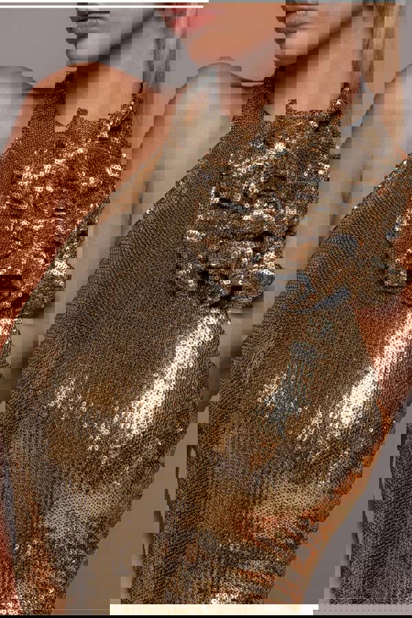 Liquid Sequin Halterneck Mini With Corsage - Gold DR4125