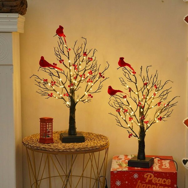 smartbies 60 LED Pre-Lit Birch Twig Tree with Birds & 10 Piece Christmas Pendant Set