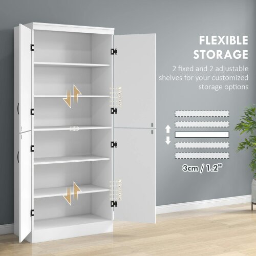 Wyld Haus Nahado Wooden White 4 Door Tall Kitchen Cupboard With 6 Tier Storage And Adjustable Shelves